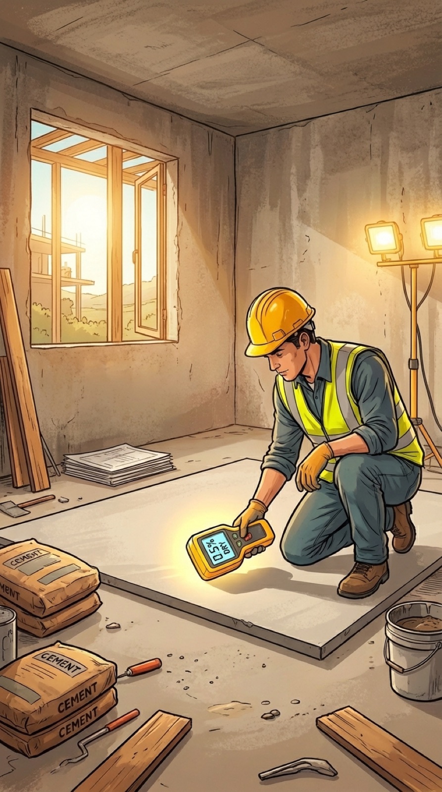 Técnico midiendo la humedad residual del forjado antes de instalar el pavimento