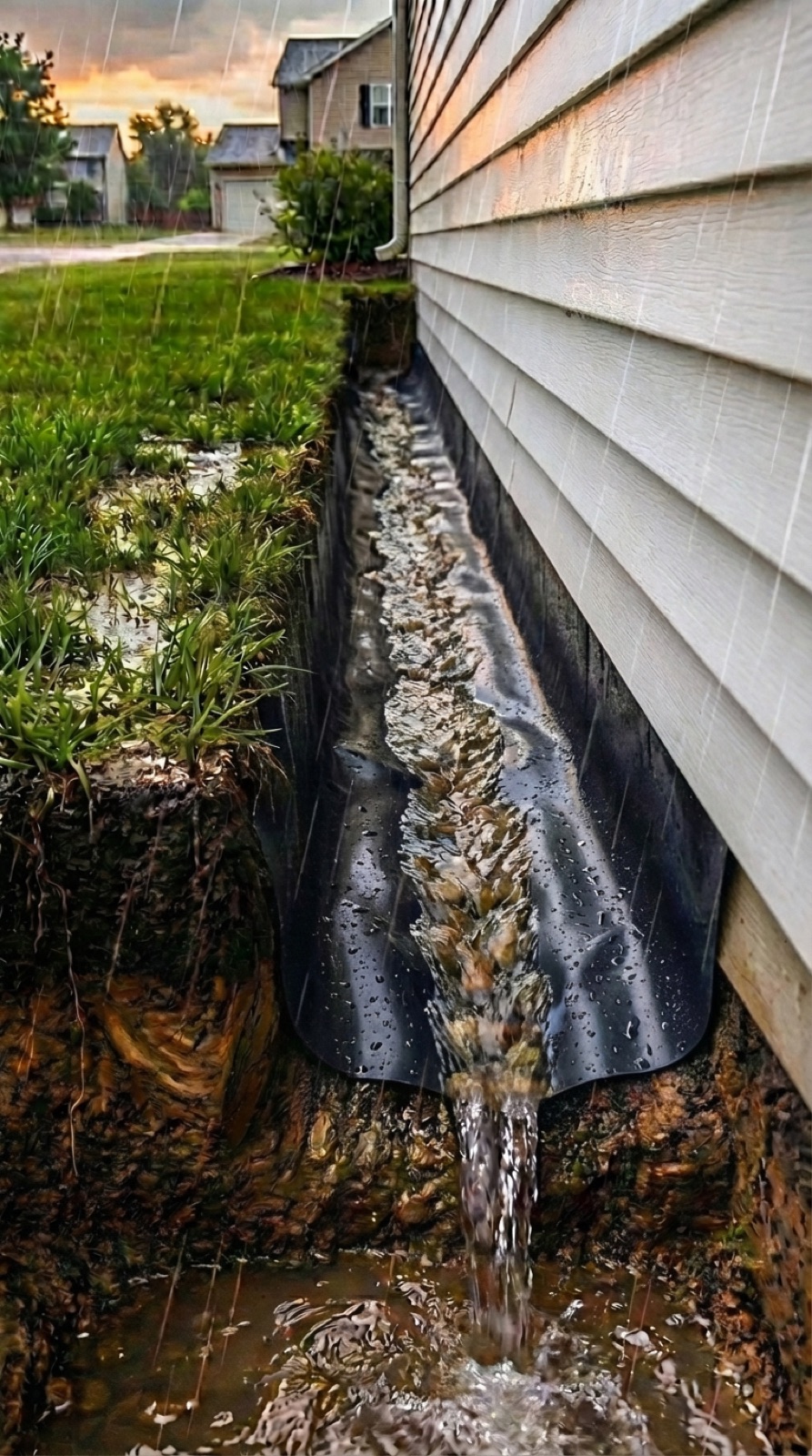 Geomembrana instalada entre el terreno y la fachada bloqueando el agua