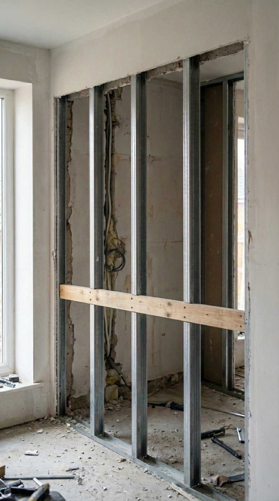 Montantes de pladur con un travesaño de madera de refuerzo para el lavabo