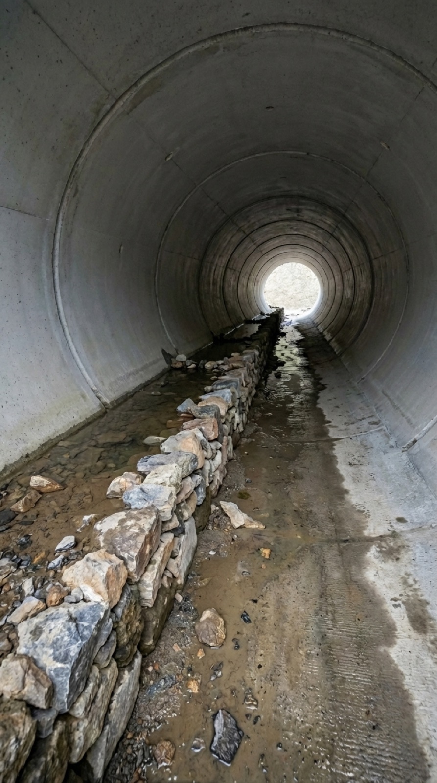 Interior del tubo de hormigón con el bebedero de piedra construido