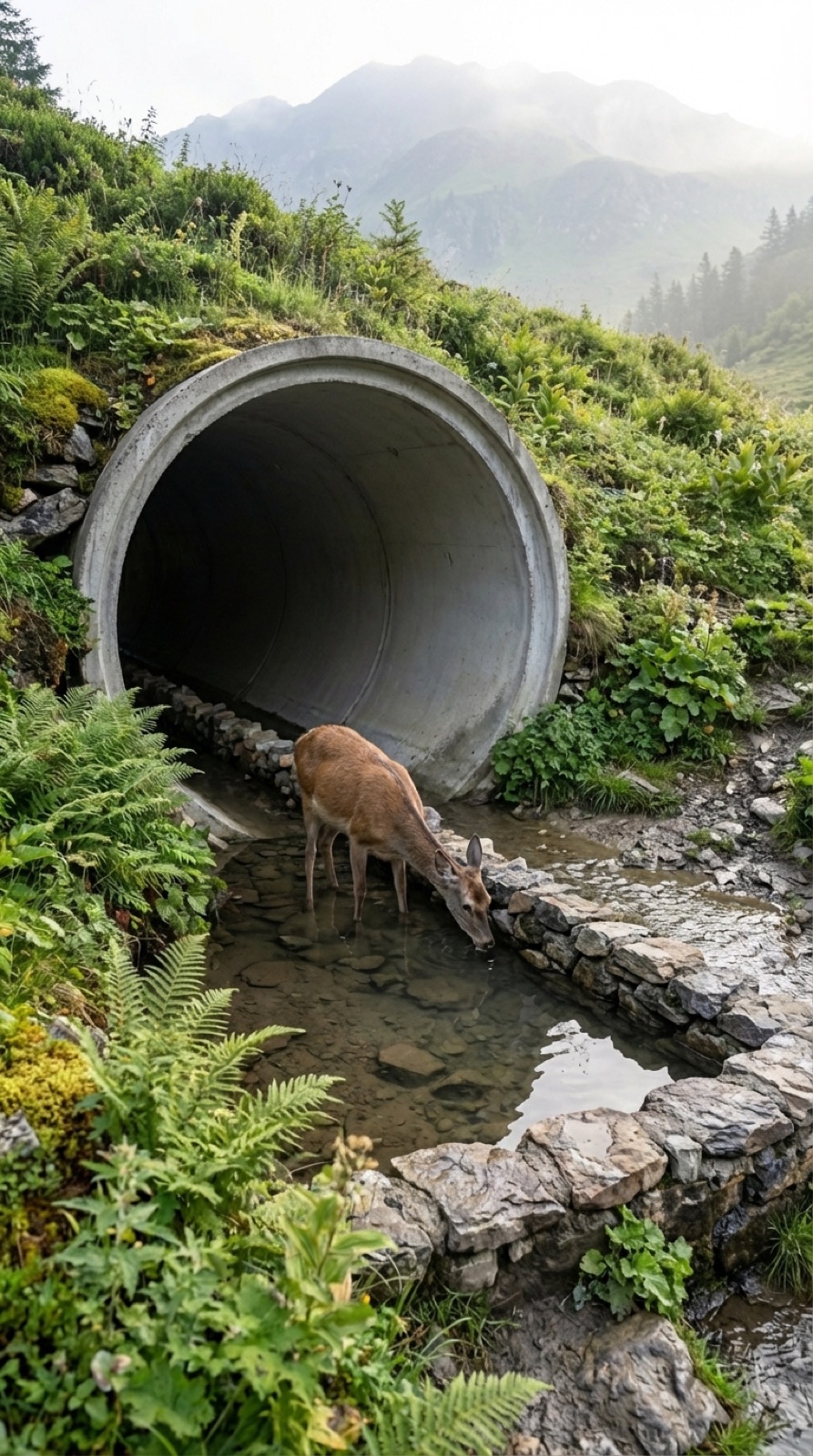 Un ciervo bebiendo agua del bebedero natural dentro del tubo de drenaje