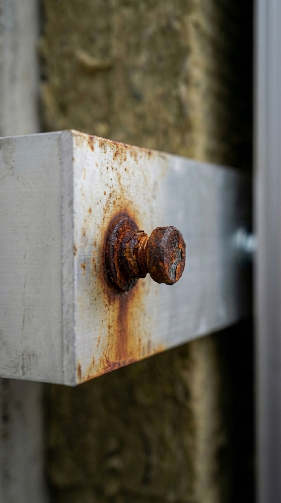 Tornillo oxidado en una fachada con regueros de óxido manchando la pared