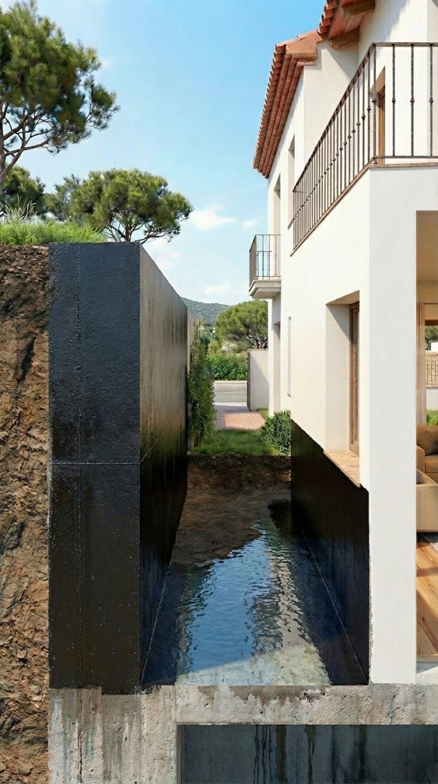 Capas del sistema de impermeabilización exterior aplicadas sobre el muro