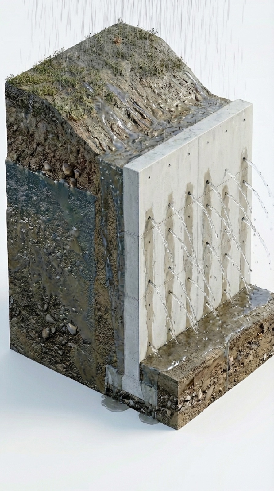 Muro de hormigón del garaje con manchas de humedad alrededor de los agujeros de los espadines