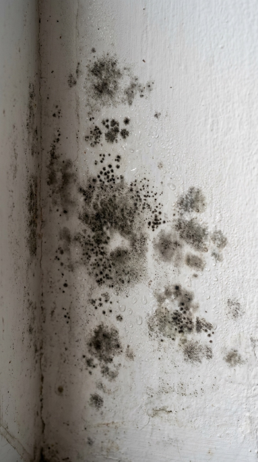 Mancha negra de moho en la esquina de una pared junto al techo