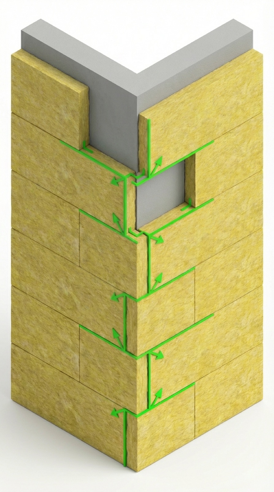 Isométrico 3D mostrando la solución: aislamiento a tresbolillo envolviendo la arista