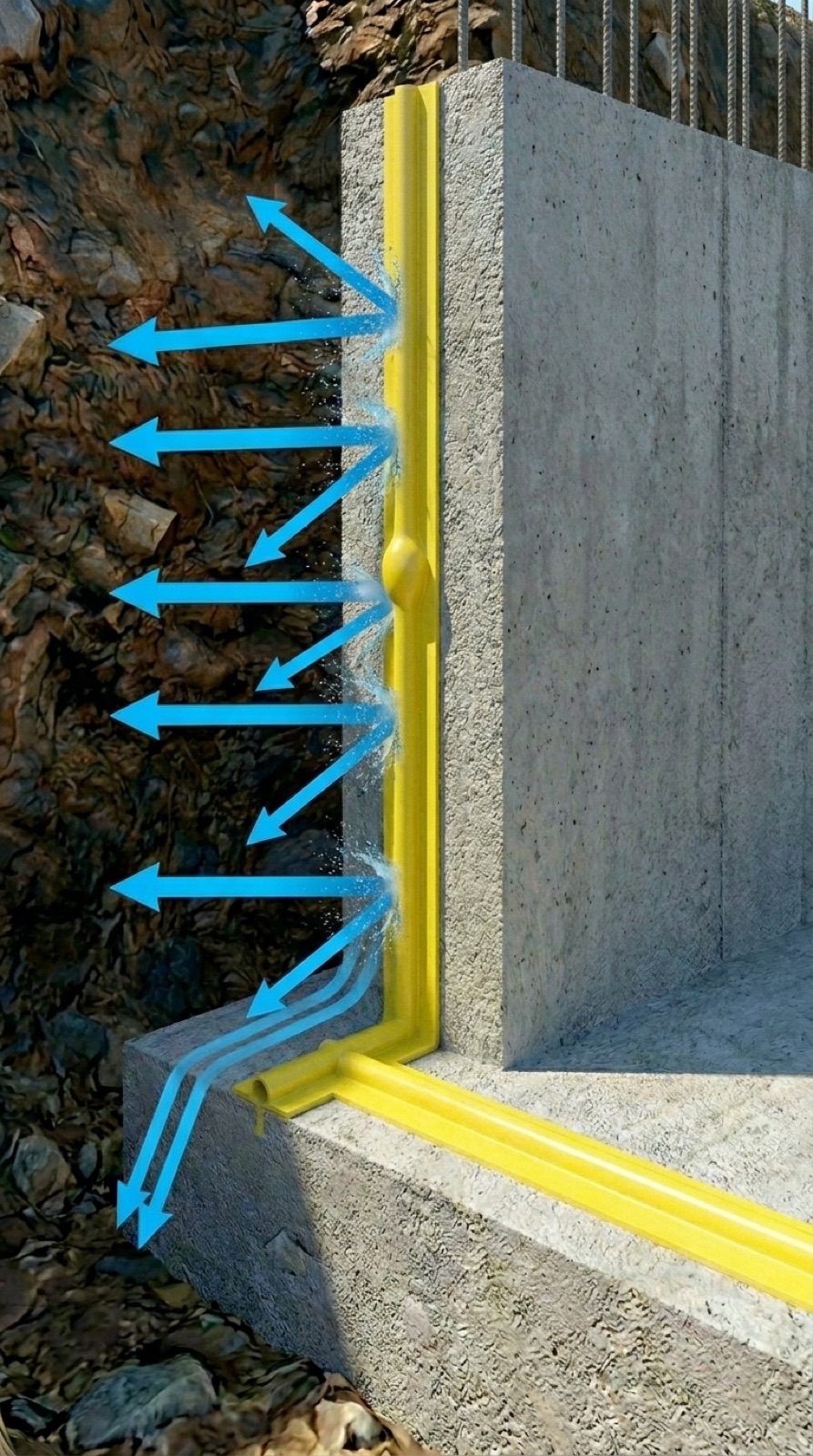 Detalle de la junta zapata-muro con la waterstop atravesándola, agua del terreno rebotando contra ella en flechas azules