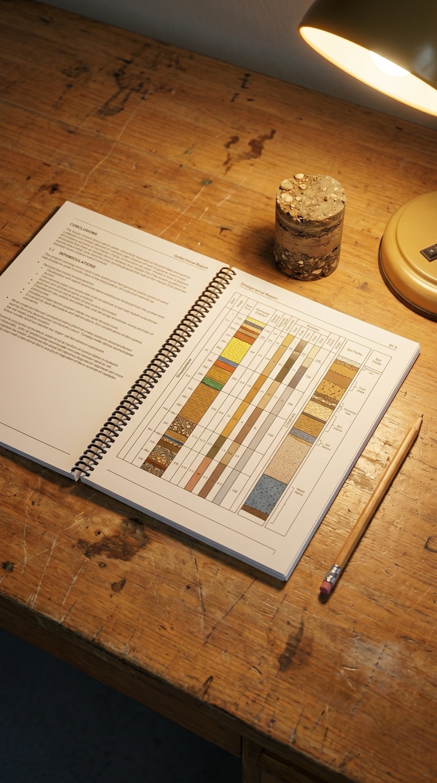 Informe geotécnico abierto sobre una mesa de madera, con columnas estratigráficas a color y conclusiones técnicas sobre el tipo de cimentación recomendada