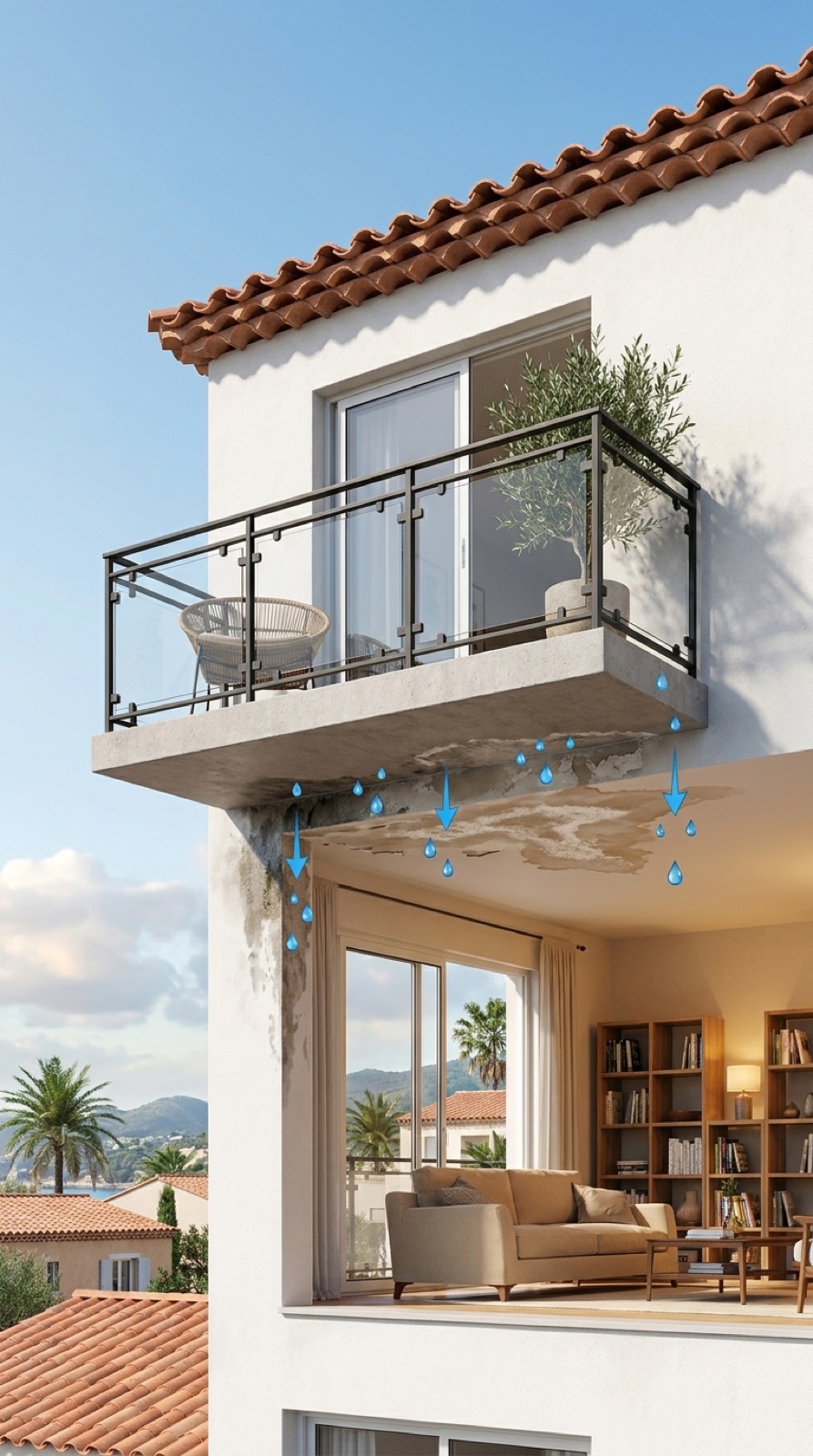 Sección de edificio mediterráneo con un balcón en la planta superior y el techo del salón inferior cubierto de mancha de humedad y eflorescencia, con flechas azules de agua filtrándose desde el balcón