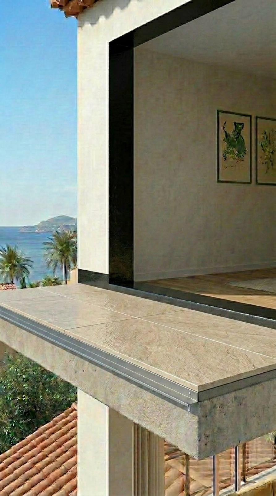 Detalle de balcón terminado con su pavimento cerámico y el perfil goterón metálico visible en el canto frontal