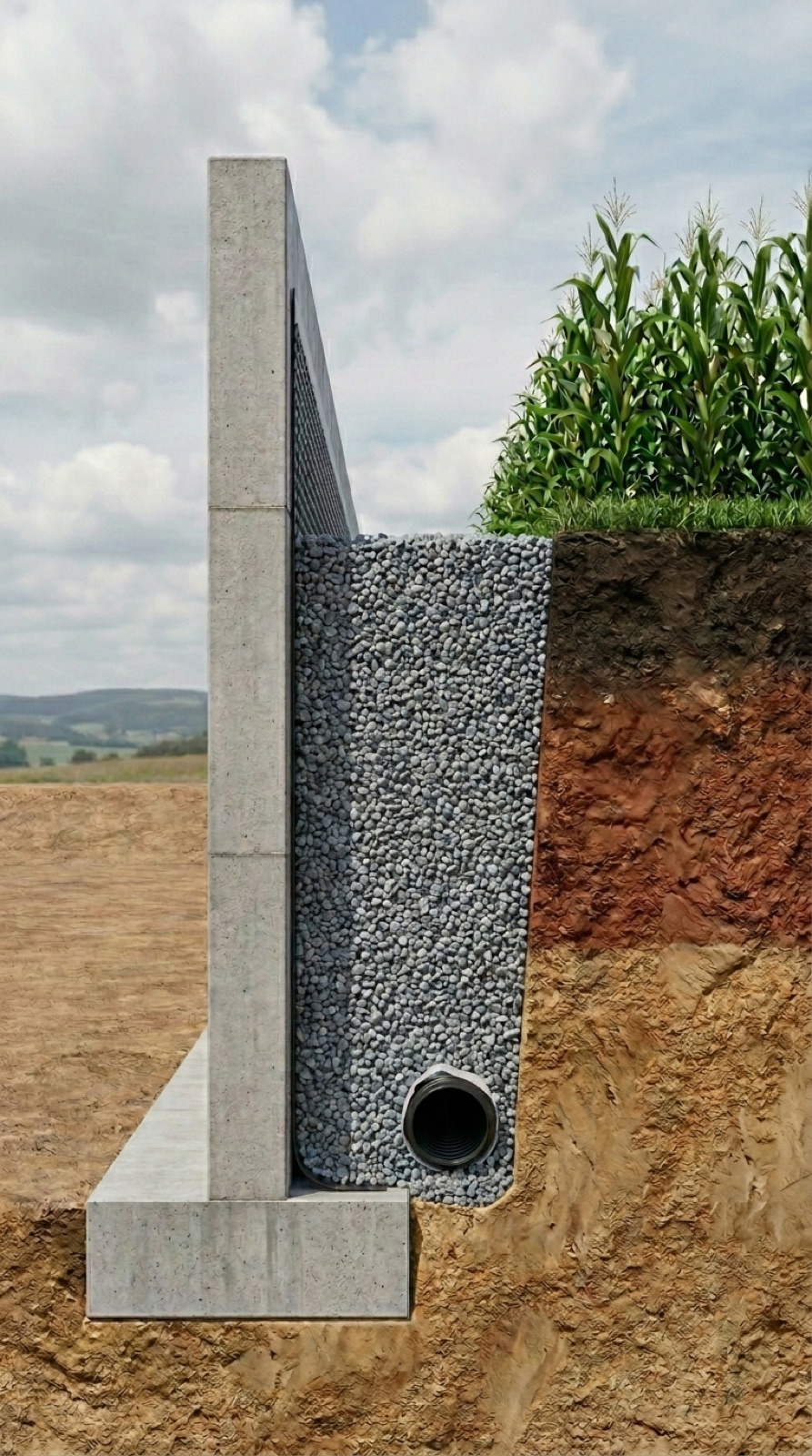 Sección lateral del muro de contención con el sistema de drenaje completo ejecutado: lámina drenante nodular pegada al hormigón, tubería filtrante con geotextil al pie y trasdós relleno de grava limpia hasta cota