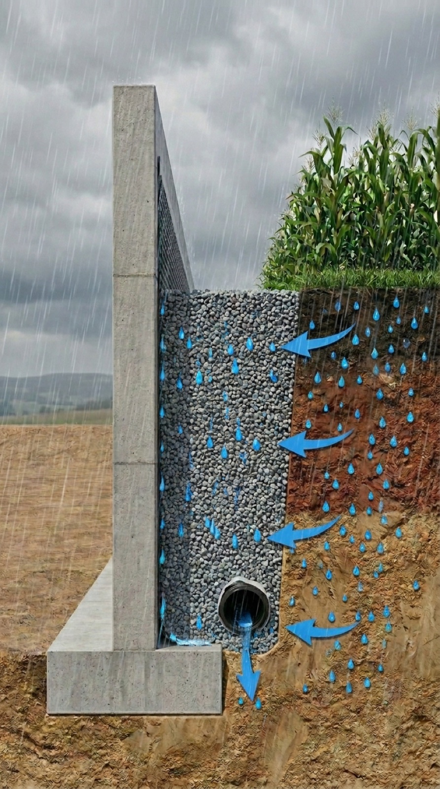 Sistema de drenaje funcionando bajo lluvia. Flechas azules muestran el agua filtrándose por el terreno, entrando en la columna de grava, descendiendo hasta el tubo perforado y siendo evacuada sin nunca tocar el muro