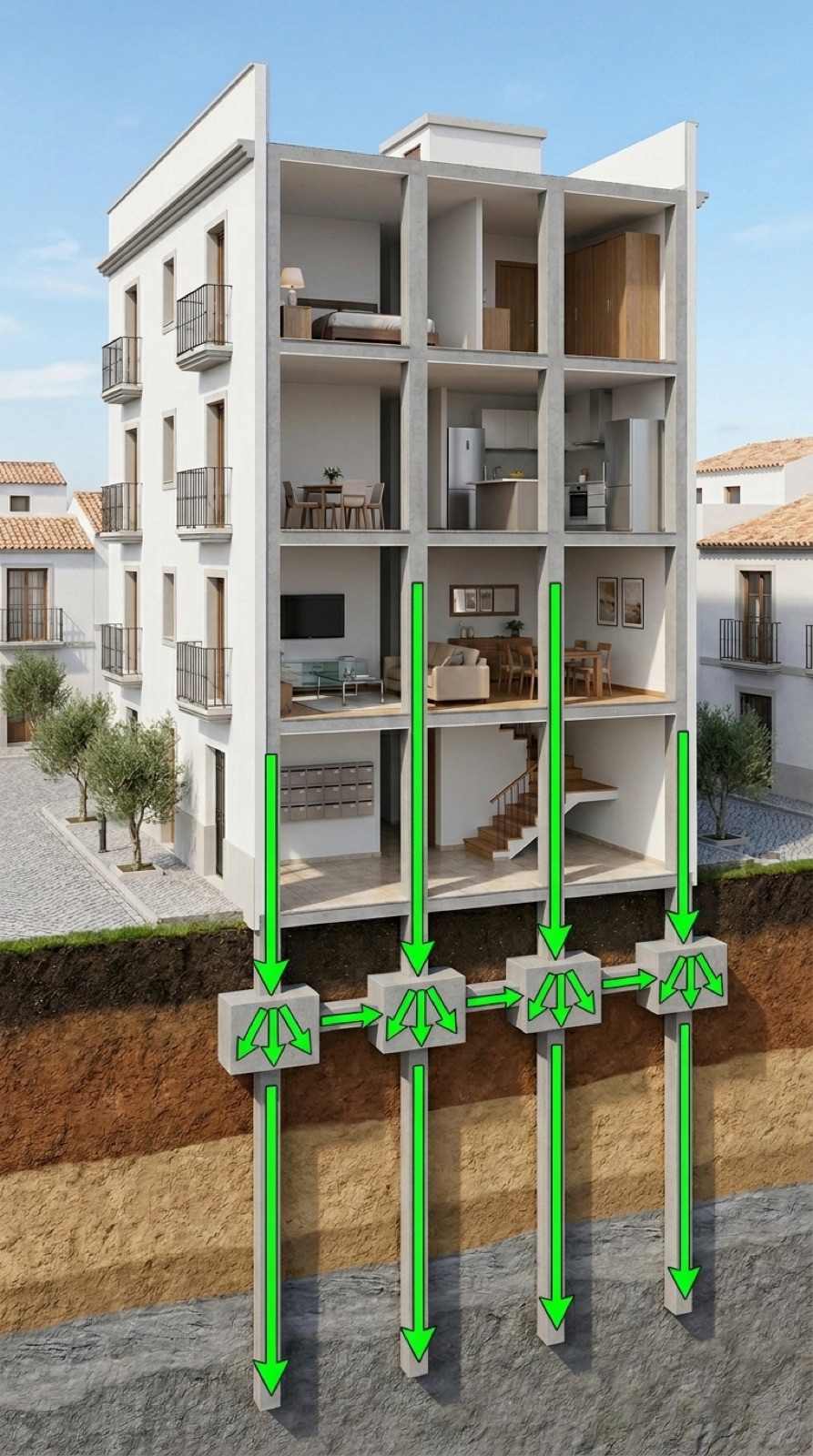 Vista wide de un edificio mediterráneo de 4 plantas con su cimentación pilotada completa visible bajo el suelo: 4 pilares descienden a 4 encepados conectados por 3 vigas riostras, cada encepado se apoya en un pilote que baja hasta la roca firme, flechas verdes muestran la carga repartida en armonía