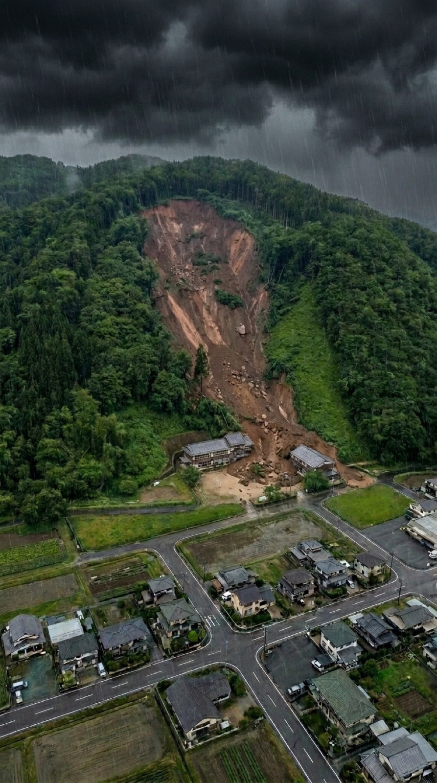 El mismo valle bajo lluvia intensa y cielo negro, con un deslizamiento de tierra marrón descendiendo por la ladera del monte hacia el pueblo