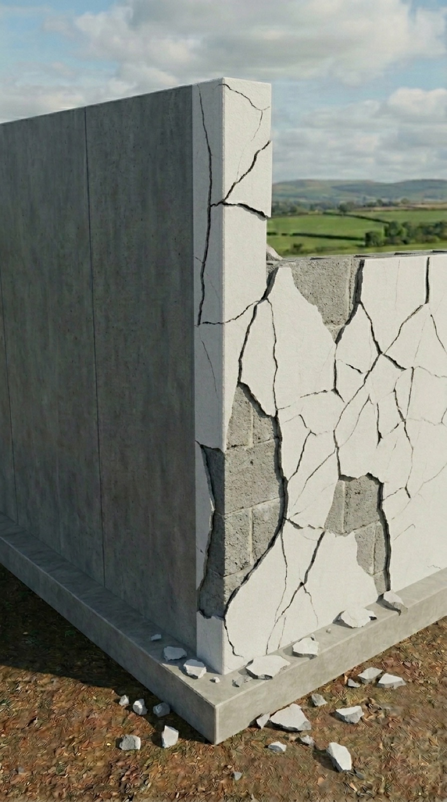 Esquina entre un muro de hormigón y una fábrica de bloque con el enfoscado blanco agrietado y desprendiéndose, dejando ver el bloque gris debajo y con escombros caídos al suelo