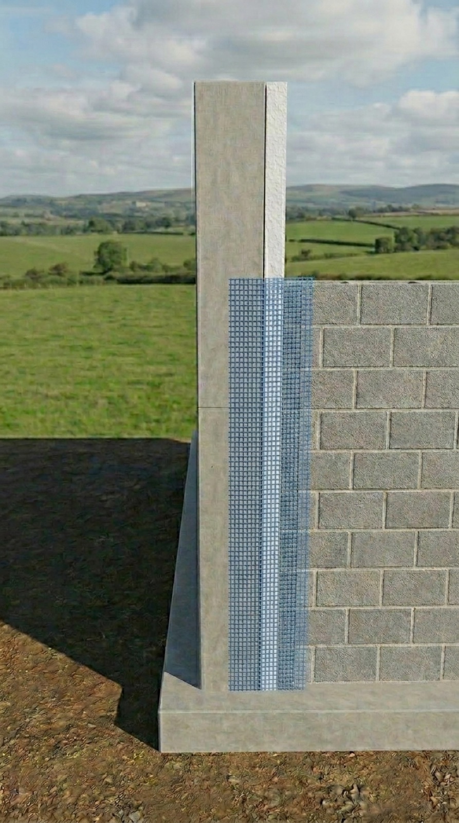 Detalle de la unión correctamente ejecutada antes de enfoscar: junta de poliestireno entre el muro de hormigón y el bloque, y una malla de fibra de vidrio azul colocada sobre el encuentro de los dos materiales