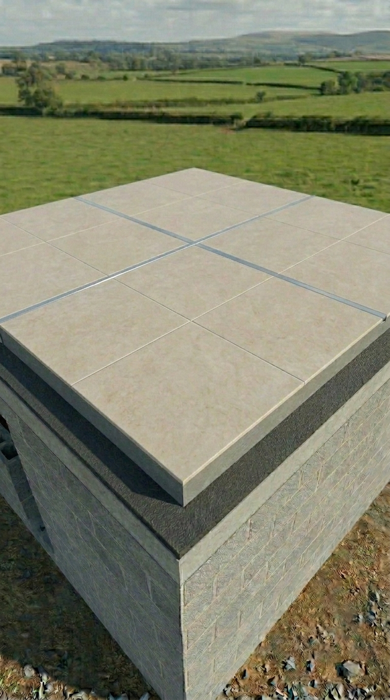 Vista cenital del acabado final: baldosas beige de gran formato con un perfil de aluminio plateado en cruz alineado con las juntas del recrecido, sin ninguna fisura