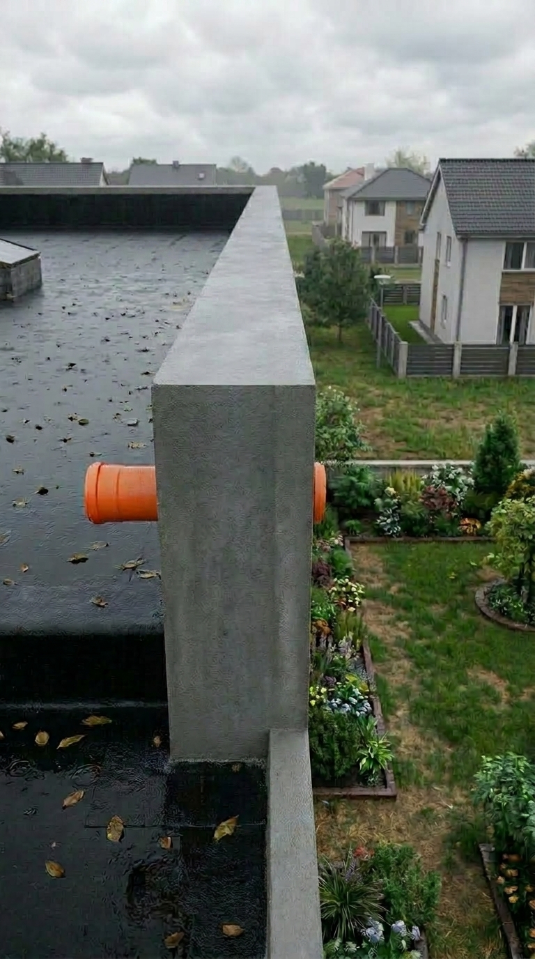 Vista lateral de un peto de hormigón liso ya fraguado con un tubo naranja de PVC pasando horizontalmente a través de su base, a cinco centímetros del plano de la cubierta