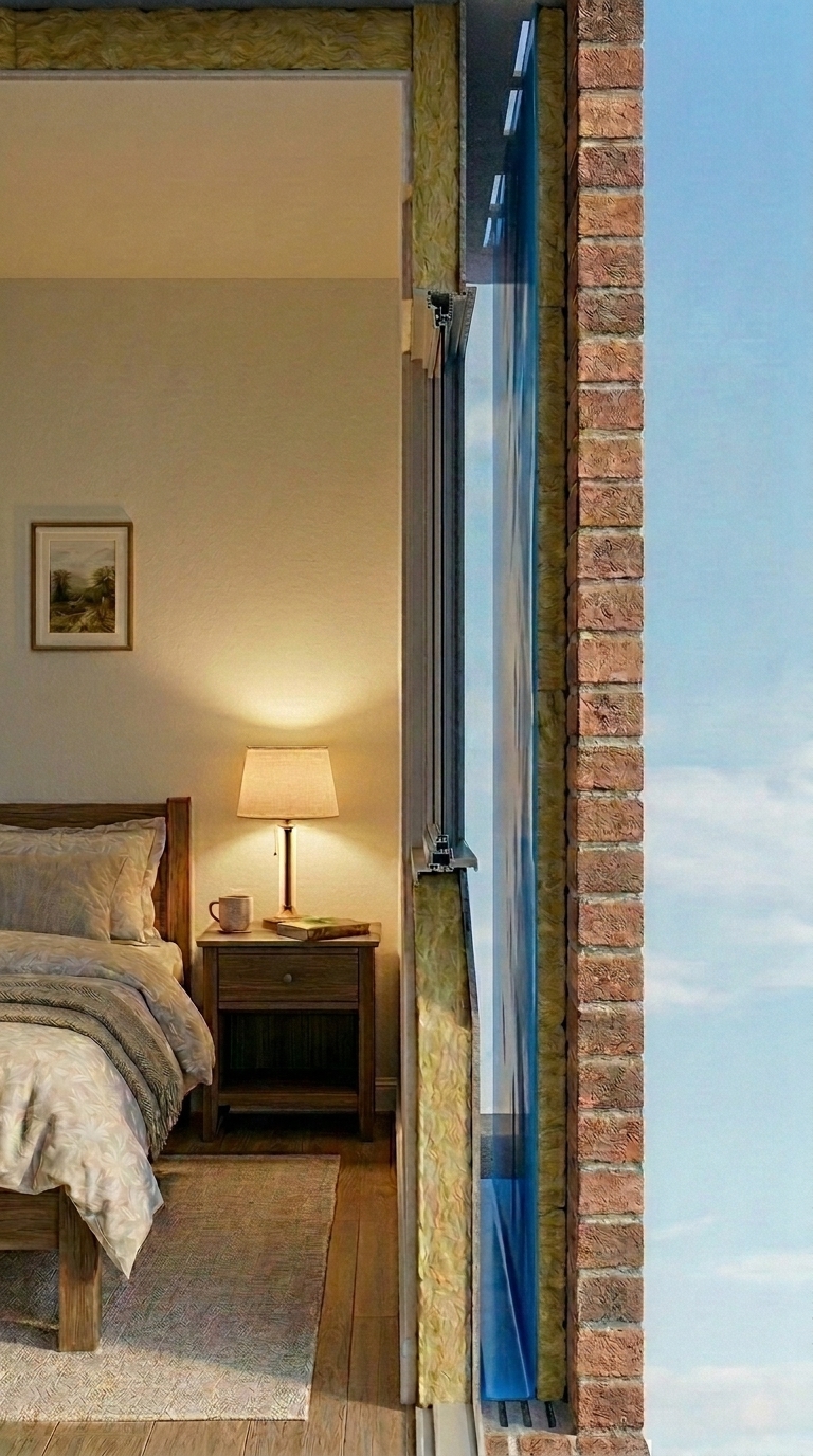 Sección lateral del cerramiento completo y sano: ladrillo exterior, cámara ventilada abierta, aislante, barrera de vapor brillante en la cara caliente hacia la habitación, y el dormitorio limpio y seco sin ninguna mancha