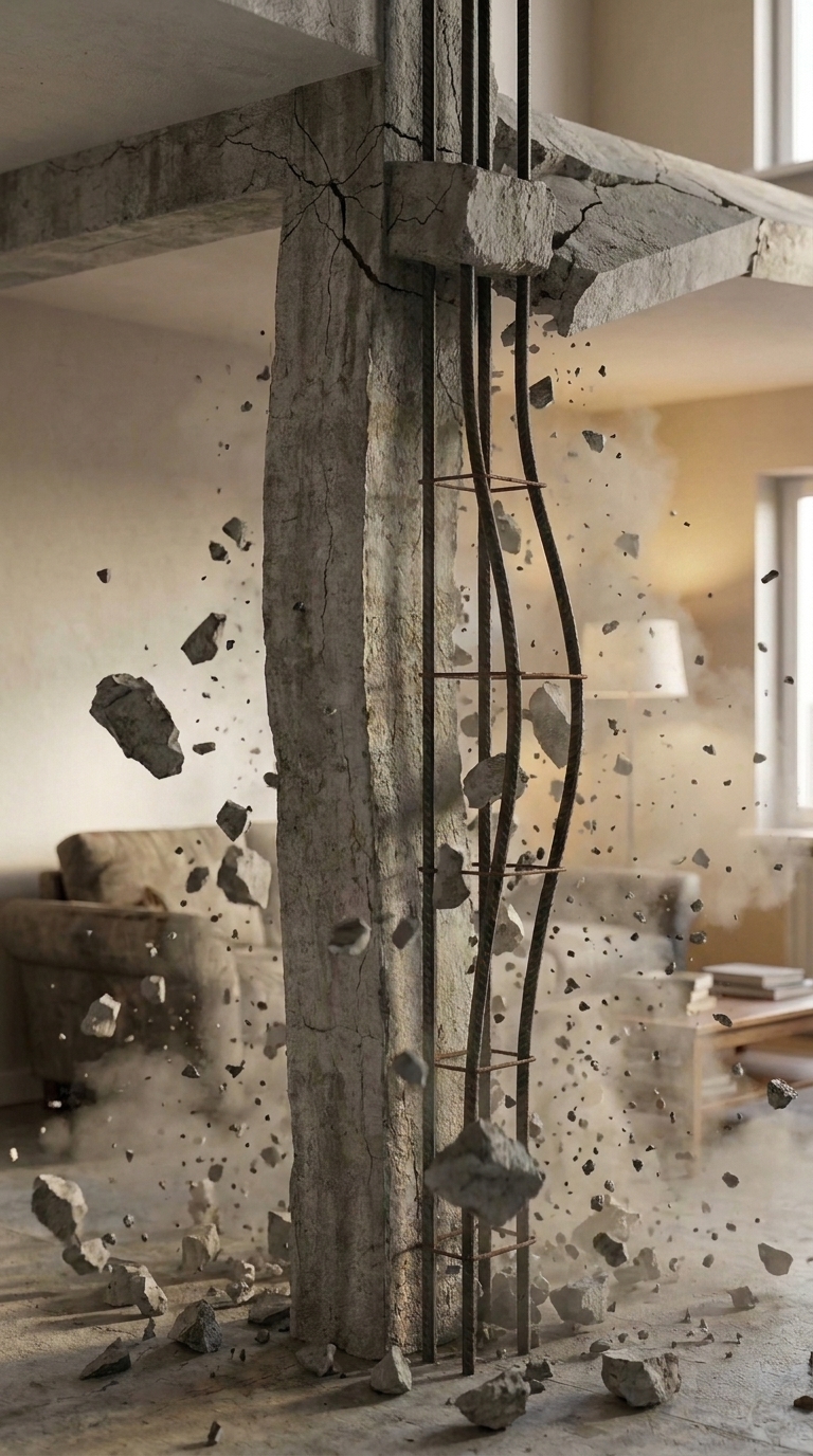 Sección 3D de un pilar de hormigón armado en el salón de una vivienda reventando: el hormigón de recubrimiento salta en fragmentos por el aire, las barras verticales se curvan hacia fuera entre cercos muy separados y la viga superior se agrieta