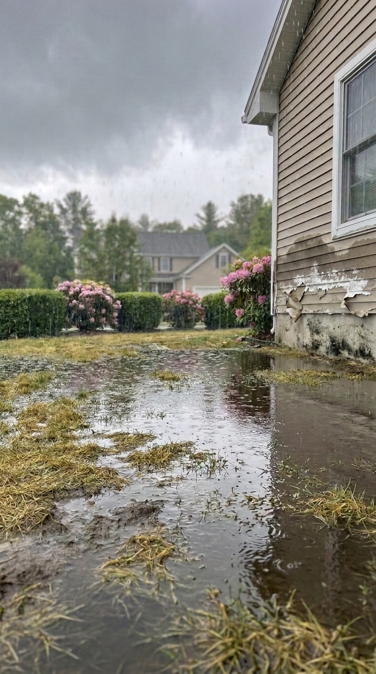 Jardín delantero completamente encharcado bajo una tormenta, con el agua estancada llegando hasta la base de la fachada de una vivienda cuyo revestimiento inferior aparece con la pintura reventada, sales blancas y moho negro